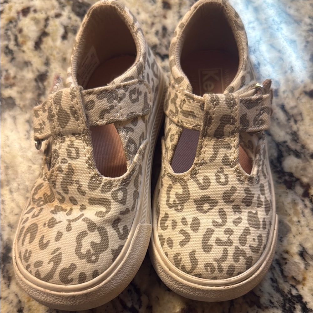 Keds Kids Beige and Taupe Leopard Print T-Strap Shoes
